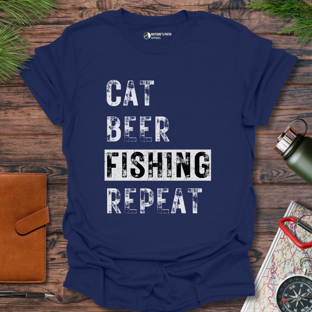 Navy / S CAT BEER FISHING REPEAT T-Shirt Natures-Path-Apparel