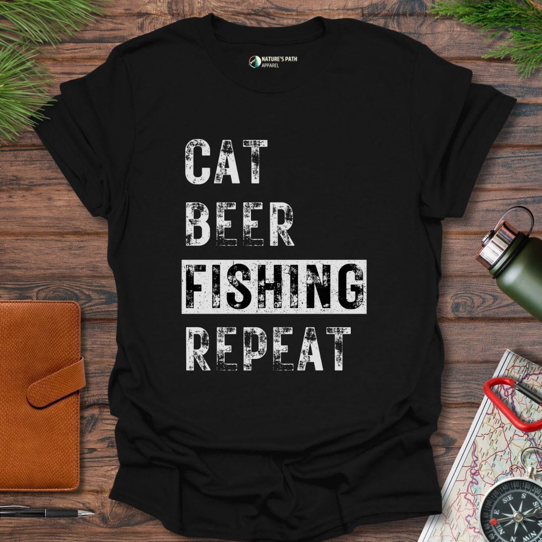 Black / S CAT BEER FISHING REPEAT T-Shirt Natures-Path-Apparel