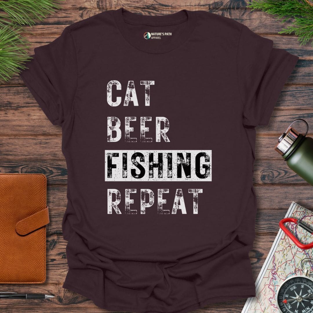 dark chocolate / S CAT BEER FISHING REPEAT T-Shirt Natures-Path-Apparel