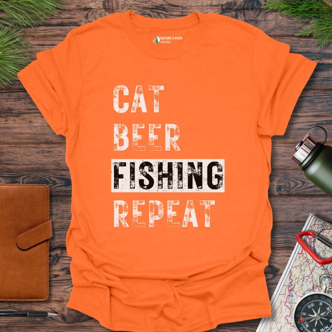 Orange / S CAT BEER FISHING REPEAT T-Shirt Natures-Path-Apparel