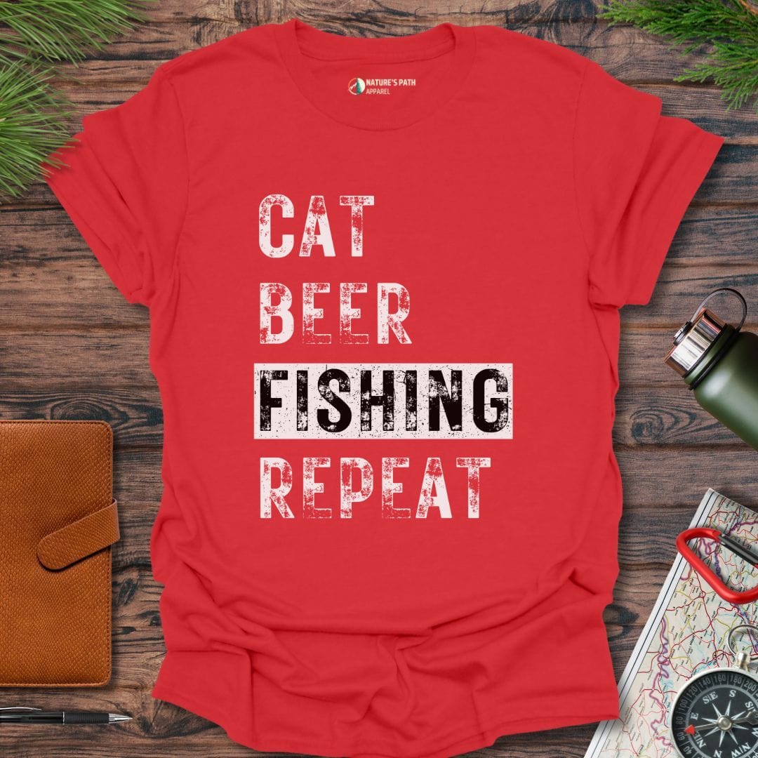 Red / S CAT BEER FISHING REPEAT T-Shirt Natures-Path-Apparel