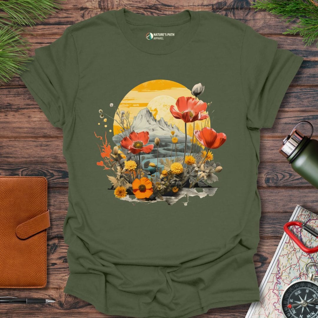 military green / S Sunlit Blossoms T-Shirt Natures-Path-Apparel