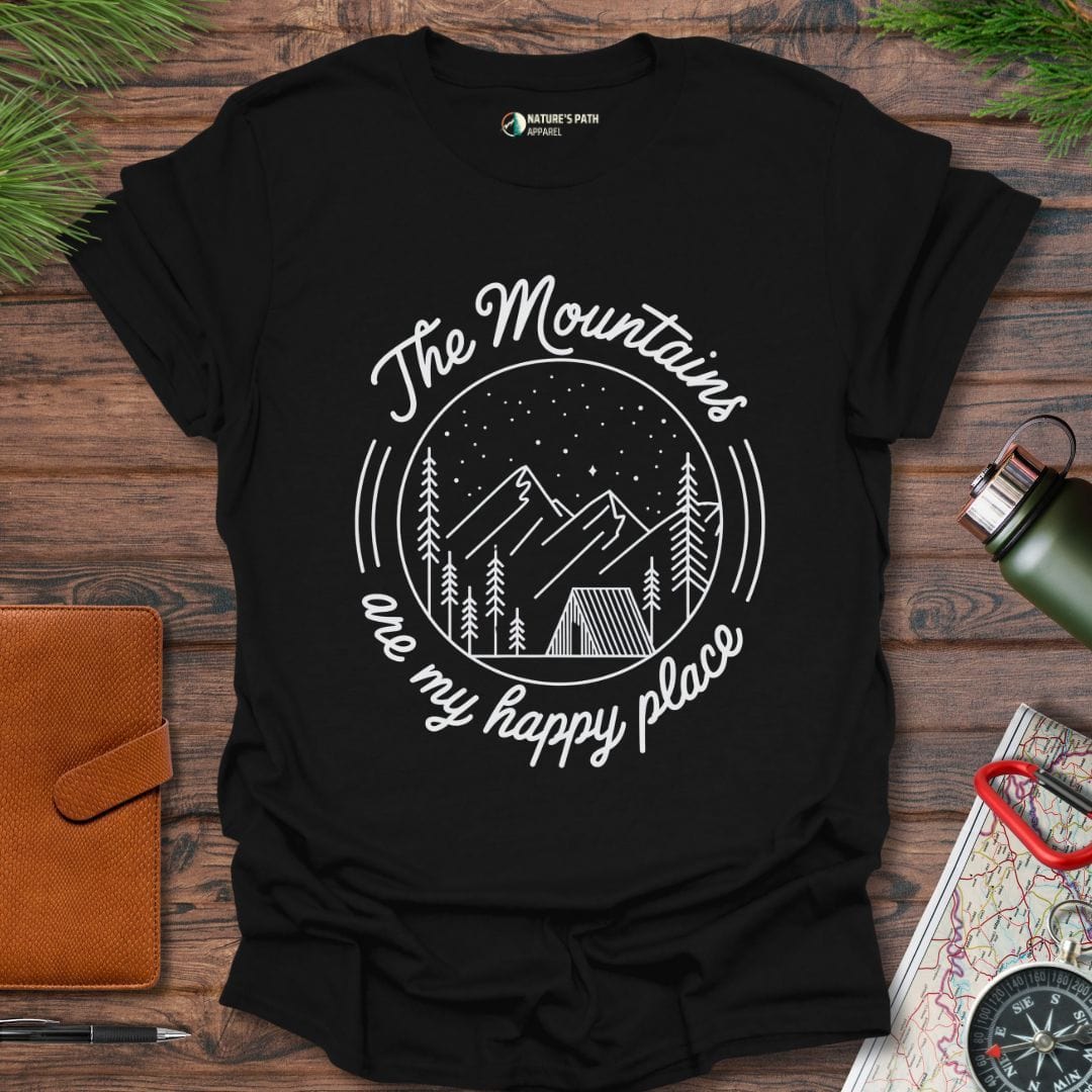 Black / S The Mountains Are My Happy Place - I T-Shirt Natures-Path-Apparel