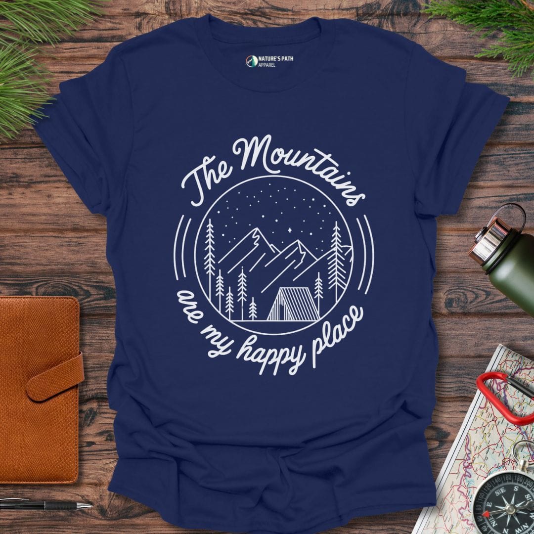 Navy / S The Mountains Are My Happy Place - I T-Shirt Natures-Path-Apparel